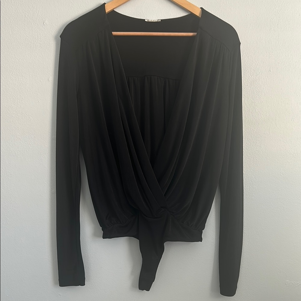 Free People Black Long Sleeve Wrap Bodysuit